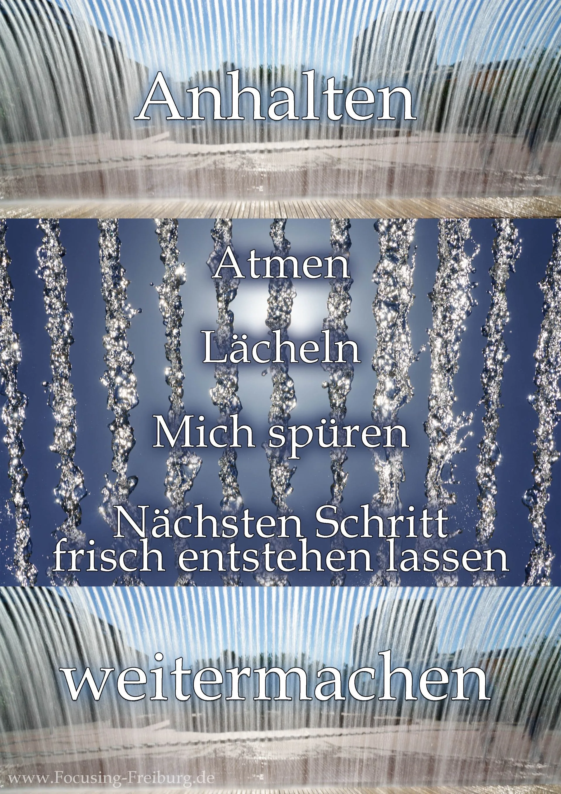 Focusing-Quick-Guide vor einem Wasserfall: Anhalten – Atmen – Lächeln – Mich spüren – Nächsten Schritt frisch entstehen lassen – weitermachen